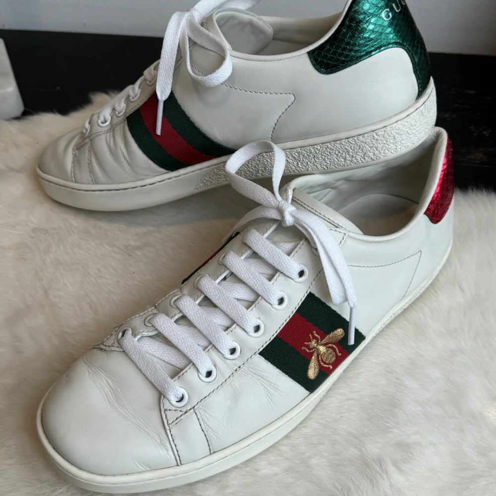 Gucci White Sneakers with Red and Green Accents